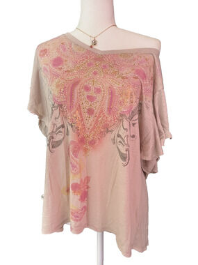 Women's Style & Co Beige Pink Geometric Pattern Rhinestones Y2K T Shirt